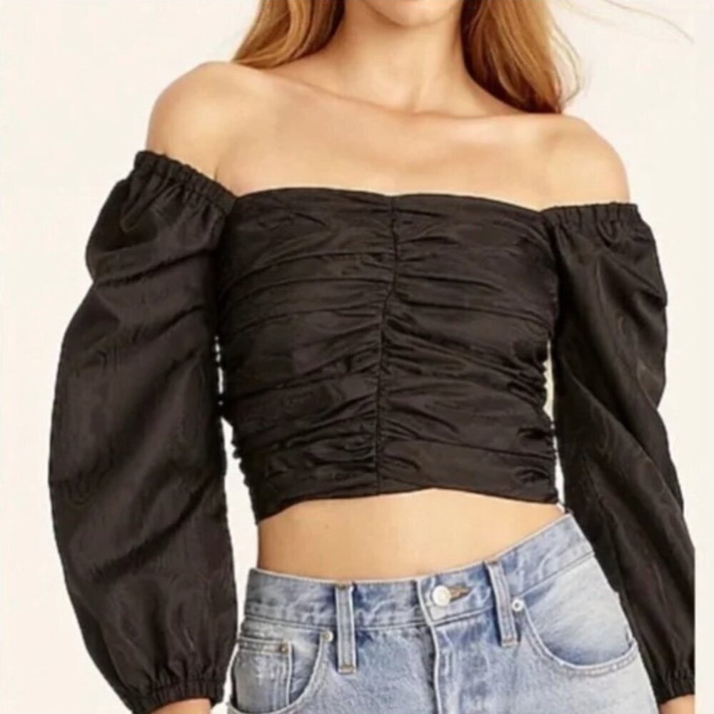 J. Crew Black Ruched Puff Sleeve Crop Top Size 6